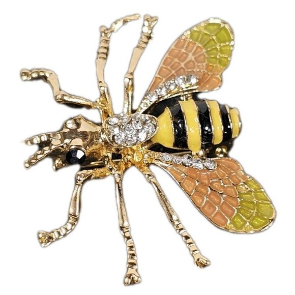 Vintage Style Gold Tone Bee Brooch Pin with Rhinestones & Enamel Wings Insect - Picture 3 of 6